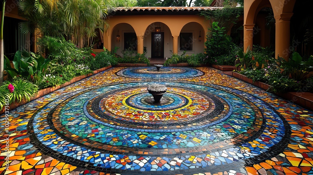 Obraz premium A mosaic-tiled pool reflecting intricate patterns and vibrant colors in a beautiful and artistic arrangement.