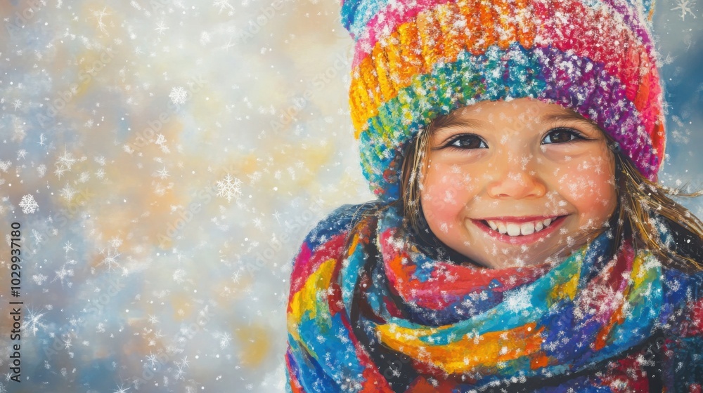 smiling child wearing a colorful hat and scarf, with snowflakes softly falling in the background smiling child wearing a colorful hat and scarf, with snowflakes softly falling in the background