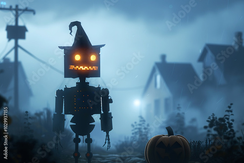 3d Robot Pumpkin Head Houses Shrouded Fog Twilight Dark Terrifying Silhouettes Horror Night Evil Mystic Background Halloween Concept photo