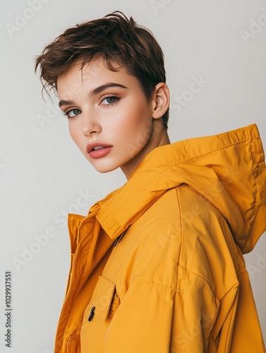 A trendy young adult showcases a vibrant windbreaker with a sporty flair and practical pockets against a minimalist backdrop. photo