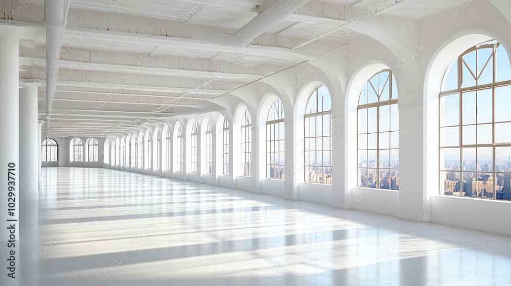 A 3D render of a sunny loft with clean white walls, one side ready for a mockup, large windows allowing natural light to flood the space. A 3D render of a sunny loft with clean white walls, one side ready for a mockup, large windows allowing natural light to flood the space.