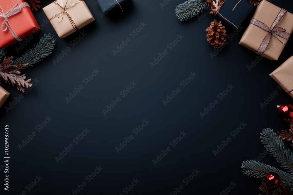 Naklejka premium Christmas gifts arranged on dark background with copy space