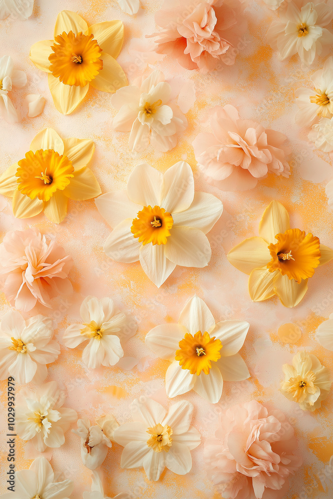 Fototapeta premium Blossom Array: Spring Daffodils and Cherry Blossoms in Full Bloom