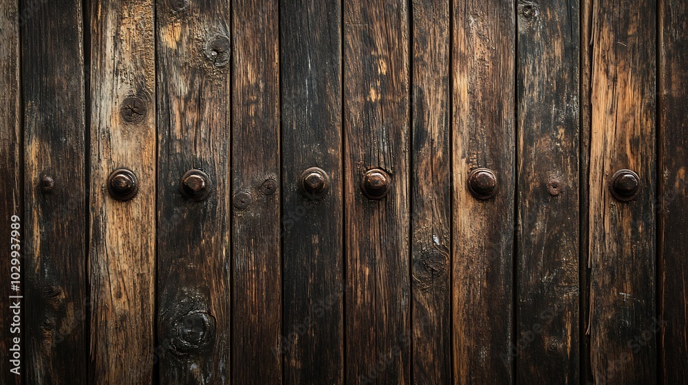 Fototapeta premium Dark Wooden Plank Wall Texture with Rustic Metal Rivets for Background or Design Simple Neutral Background with Free Space for Design
