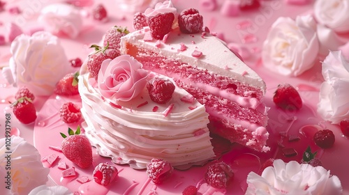 Pink Cake with Strawberries and Raspberries - Delicious Dessert