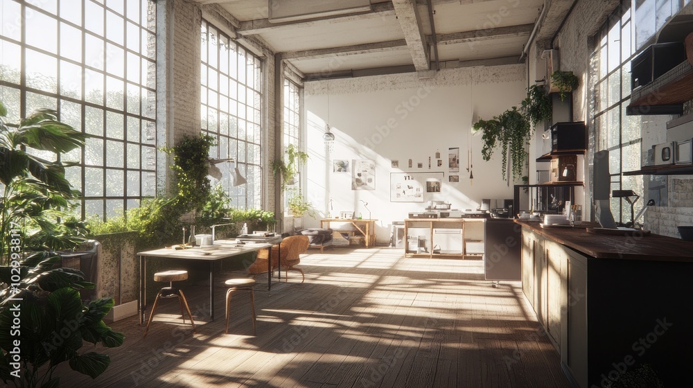 A bright and airy loft with a clean, blank wall for mockups, 3D illustration, sunlight casting long shadows through wide windows. A bright and airy loft with a clean, blank wall for mockups, 3D illustration, sunlight casting long shadows through wide windows.