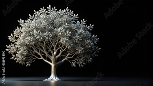 Silver tree with leaves isolated on black background