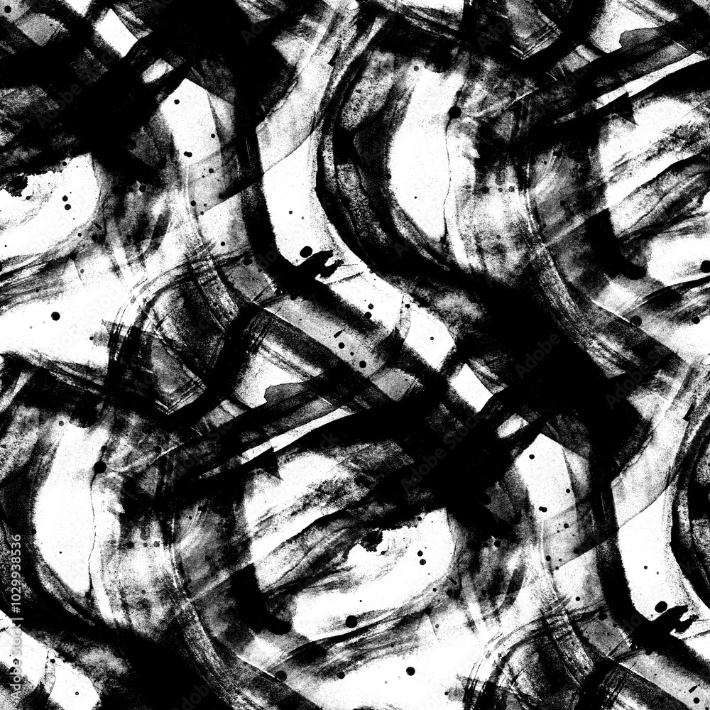 Naklejka premium Seamless pattern of watercolor abstract texture in black and white colors. Vibrant and artistic design is perfect for adds a dynamic and grunge effect to backgrounds, prints, and creative projects. 