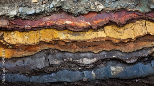 2410_049.extreme close-up of soil profile, dramatic curvature in rock layers, rich spectrum of earth colors, contrasting soil types and textures, geological time visualization, natural erosion