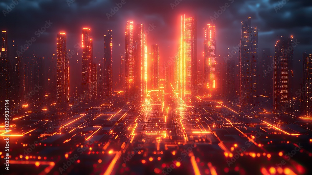 Obraz premium A neon cityscape depicting a digital metropolis with glowing lights and modern architecture.