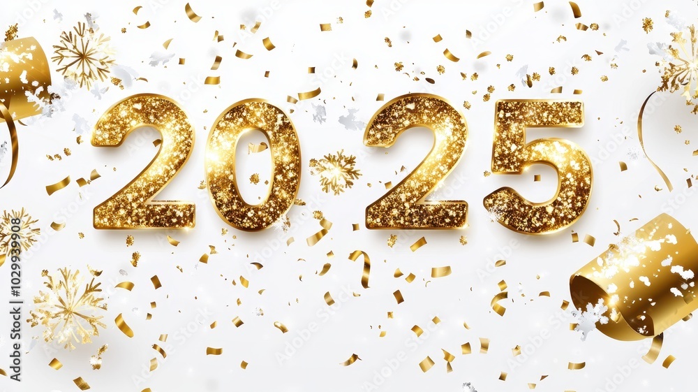 Happy 2025 on New Year background with fireworks,Celebration New Year's Eve,Golden fireworks on dark night sky,Design for posters, banners greeting cards,Template for media post,copy space.