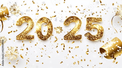 Happy 2025 on New Year background with fireworks,Celebration New Year's Eve,Golden fireworks on dark night sky,Design for posters, banners greeting cards,Template for media post,copy space.