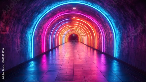 A neon lights tunnel showcasing vibrant and colorful lighting in a captivating and dynamic setting.