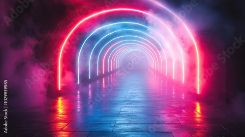 A neon lights tunnel with fog and reflections, offering a surreal and atmospheric experience.