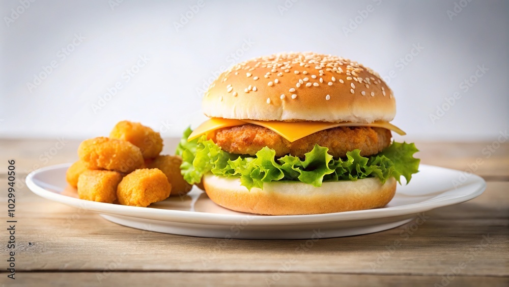 Simple hamburger and chicken nuggets on white plate with depth of field Simple hamburger and chicken nuggets on white plate with depth of field