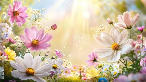 A garden bursting with blooming flowers, with soft sunlight filtering through the petals, creating a warm, vibrant floral scene.