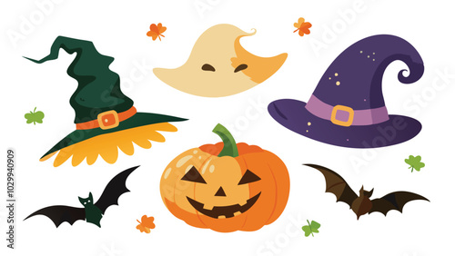 watercolor halloween set of isolated hats, bats and pumpkins on the white background