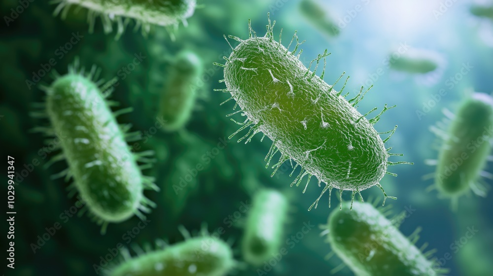 Fototapeta premium This view showcases diverse bacteria flourishing in a vibrant green environment, symbolizing health