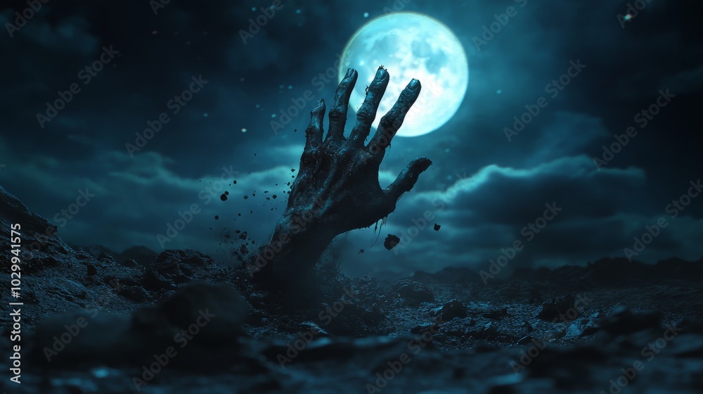 A decayed zombie hand breaking through the ground under a dark, eerie night sky with a full moon in the background A decayed zombie hand breaking through the ground under a dark, eerie night sky with a full moon in the background