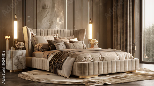 Luxury bedroom interior design with a low-profile bed, velvet headboard, and neutral tones, paired with soft lighting and elegant gold accents for a refined look.