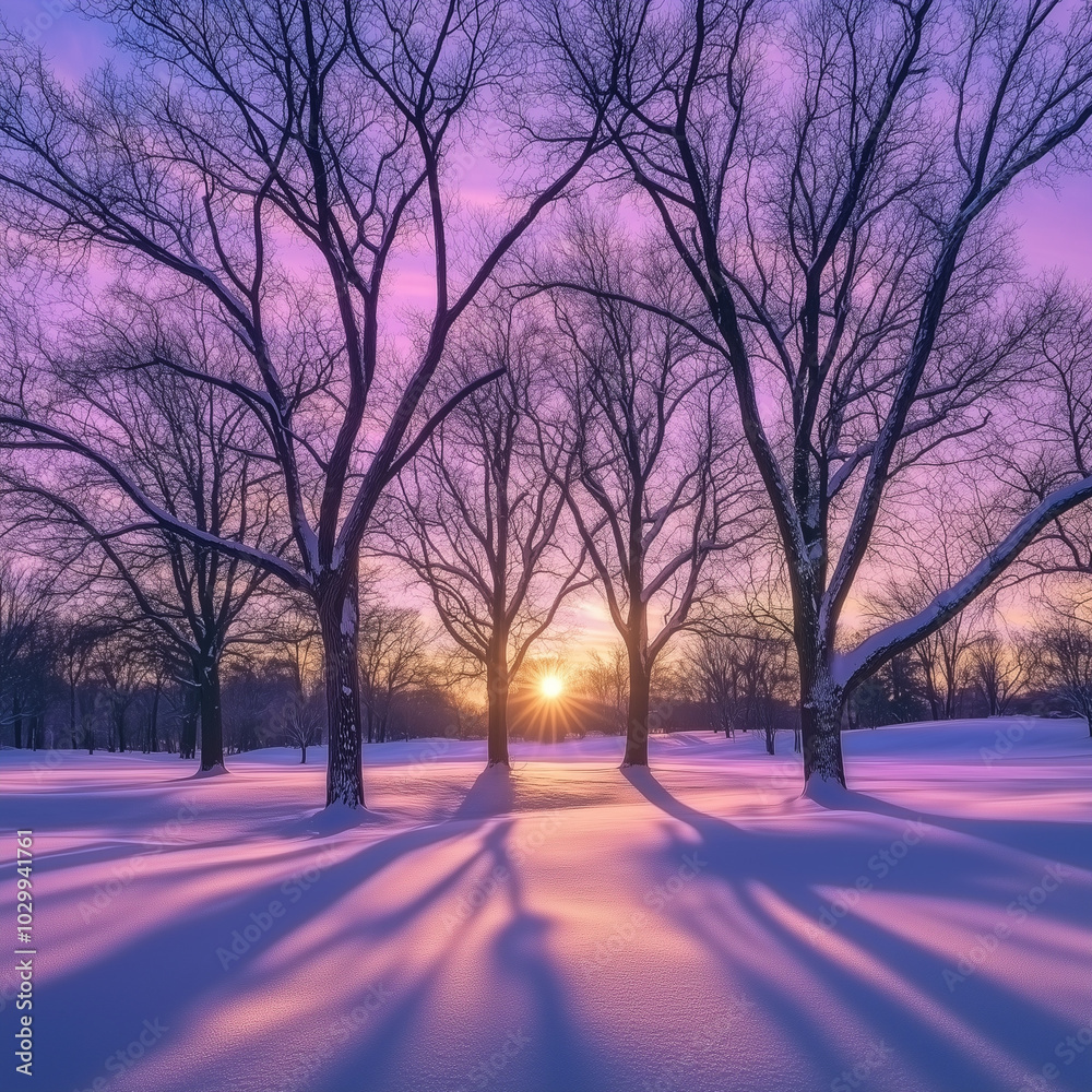 Fototapeta premium Winter Evening Glow: A Park at Dusk Illuminated by the Last Rays of Sun