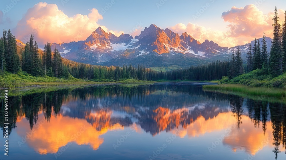 A panoramic mountain reflection on a lake at sunset captures the stunning symmetry and serenity of nature A panoramic mountain reflection on a lake at sunset captures the stunning symmetry and serenity of nature