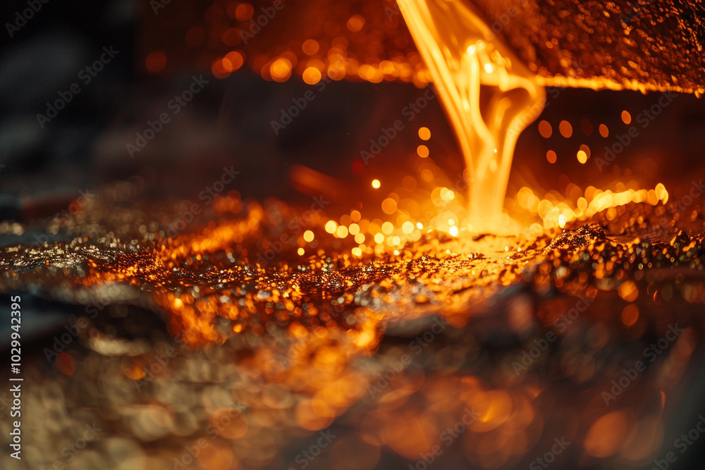 Close-up of liquid metal pouring into molds showcasing the fiery beauty and danger of metal casting Close-up of liquid metal pouring into molds showcasing the fiery beauty and danger of metal casting