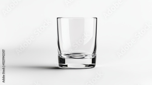 A minimalistic shot of an empty water glass on a plain white background, with clear, sharp reflections to highlight the glass form.