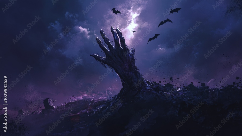 Undead hand crawling out of the earth under a dim night sky, with bats circling above Undead hand crawling out of the earth under a dim night sky, with bats circling above