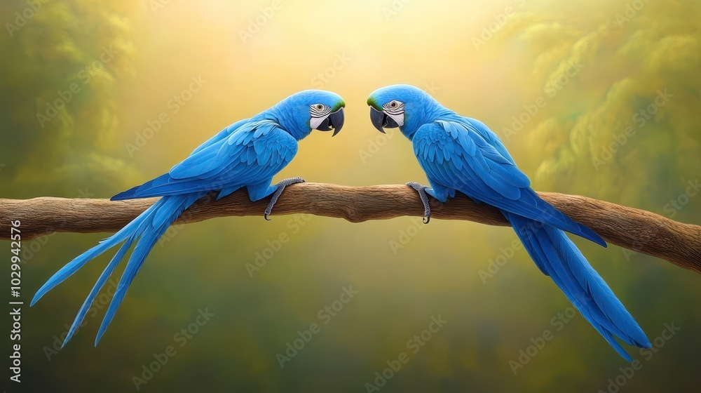 Fototapeta premium A pair of critically endangered Spixs macaws perched on a branch, their striking blue feathers shining in the sunlight.