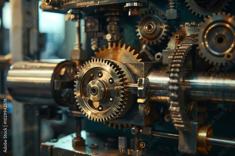 Close-up of mechanical gears and components, intricate engineering design metallic textures workshop environment Close-up of mechanical gears and components, intricate engineering design metallic textures workshop environment