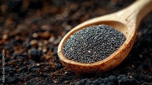 Close-up of a wooden spoon filled with poppy seeds on soil background