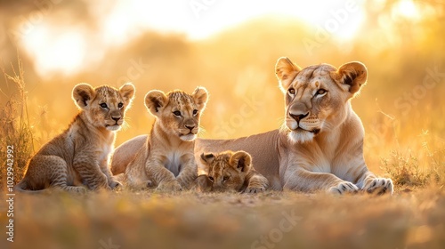 A pride of lions resting in the grass, with cubs playfully tumbling near their parents under the African sun.