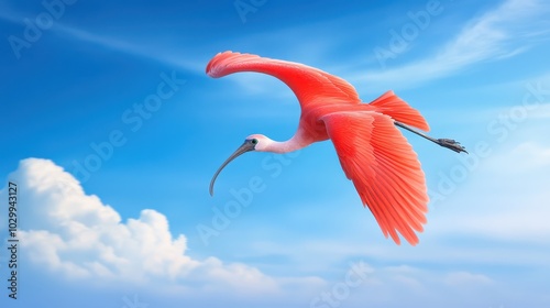A rare scarlet ibis in flight, its red wings spread wide against a bright blue sky.