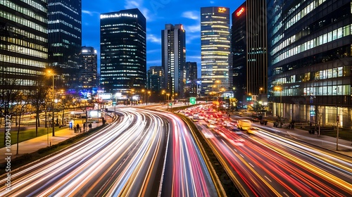 Night traffic in a modern city with skyscrapers in the background, showing the dynamic urban landscape with light trails from the cars