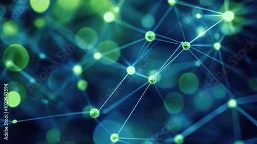 Abstract network of cubes, glowing in shades of green and blue, connected by thin, bright lines, visualizing data flow.