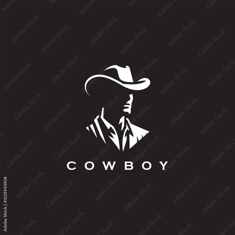 Silhouette of a Cowboy in White on Black Background, Features a classic cowboy hat, exuding a sense of mystery and ruggedness Silhouette of a Cowboy in White on Black Background, Features a classic cowboy hat, exuding a sense of mystery and ruggedness