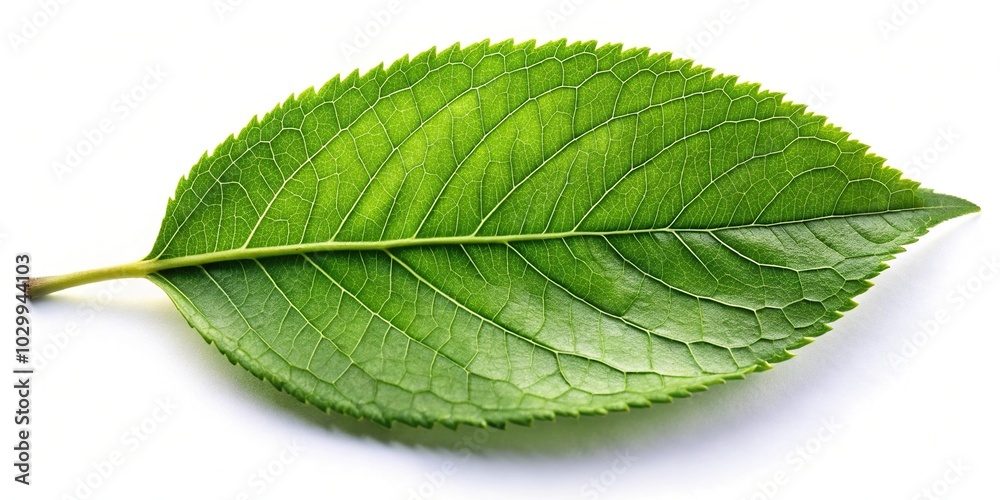 Fototapeta premium Single green leaf isolated on white background in wide-angle perspective