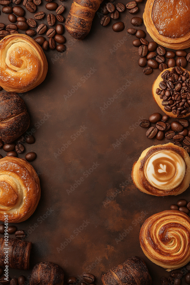 Composition of Coffee Beans and Pastries on Rustic Wooden Table Composition of Coffee Beans and Pastries on Rustic Wooden Table