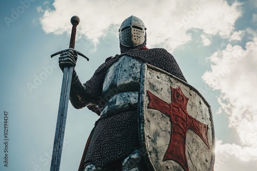 Saint George of England, clad in armor with sword aloft, embodies valor and knightly honor amid the rich tapestry of his legendary past. photo