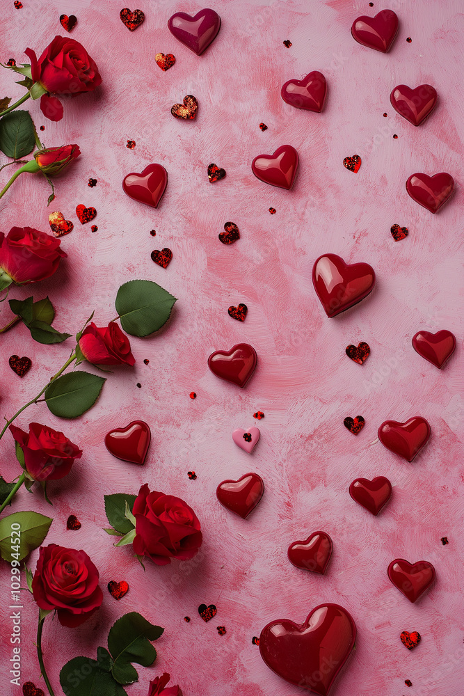 Romantic Mood: An Array of Valentine Hearts and Red Roses on Display