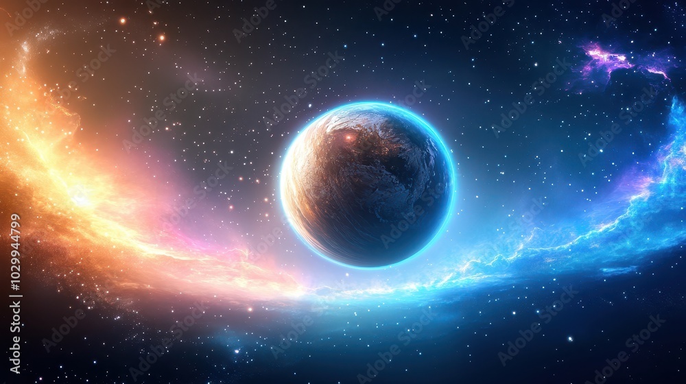 Obraz premium A vibrant galaxy with a detailed planet and swirling nebulas in a cosmic landscape full of stars.