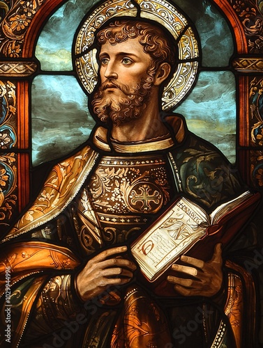 Stunning stained glass portrays Saint Paulinus, enveloped in intricate religious designs and gentle illumination, embodying his unwavering faith and devotion. photo