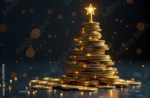 Christmas tree made of gold coins with sequins on a dark background. A New Year's concept of investing and finance with a place for text. The concept of investing money in real estate