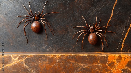 Two bronze spiders on a marble surface, for creative use as a background or illustration photo