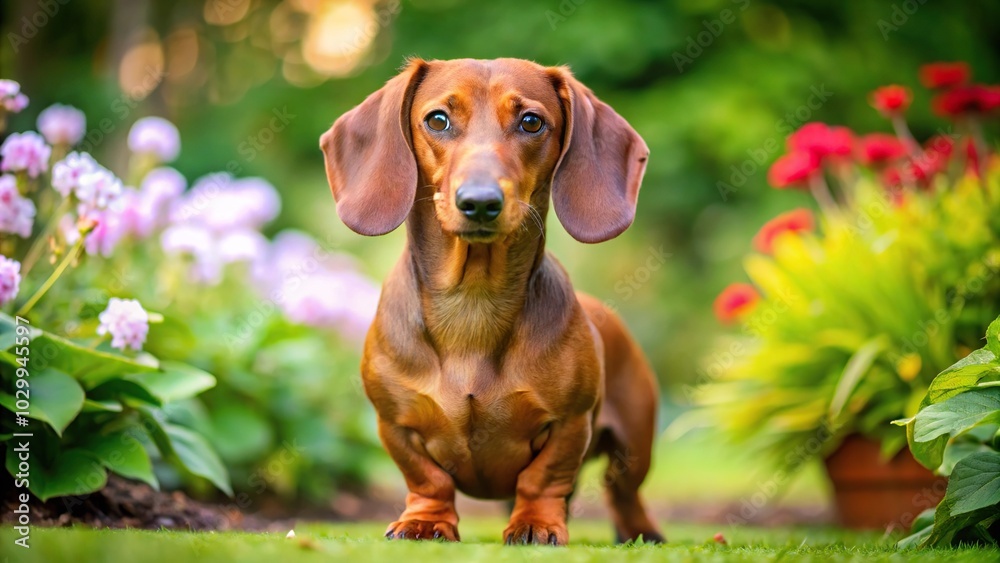 Standard smooth haired dachshund lounging in a garden Standard smooth haired dachshund lounging in a garden