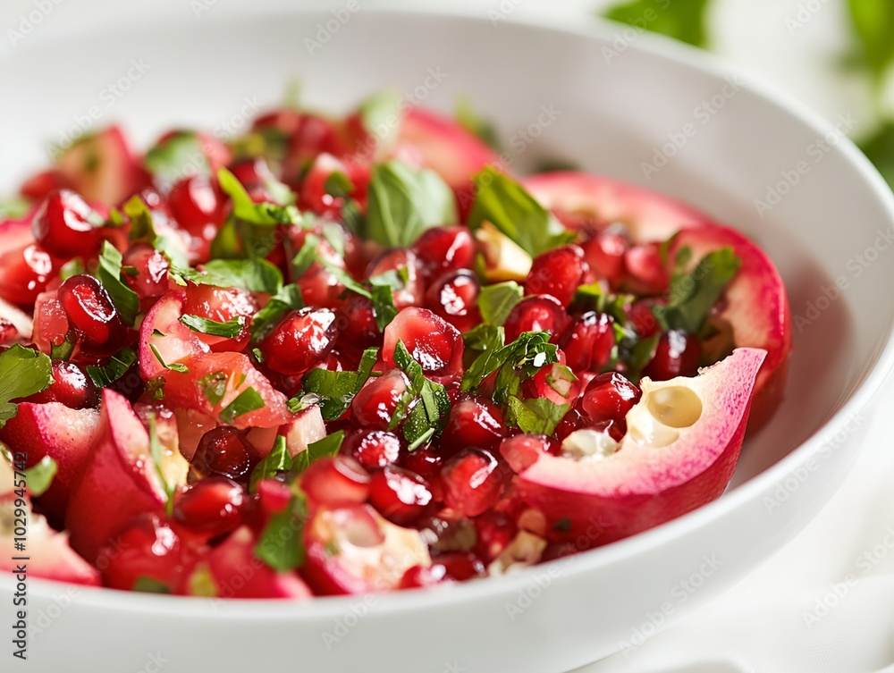 A bowl filled with a colorful fruit salad, consisting of red grapes and parsley. The bowl is white and the fruit is vibrant and fresh. The salad is a healthy A bowl filled with a colorful fruit salad, consisting of red grapes and parsley. The bowl is white and the fruit is vibrant and fresh. The salad is a healthy