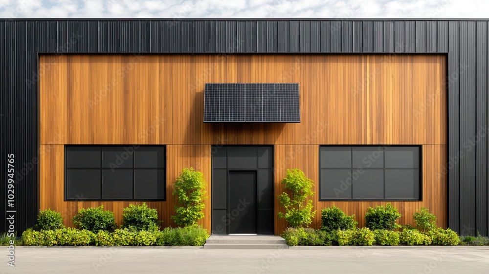 Mixeduse industrial building with solar panelcovered facade, combining concrete, steel, and natural materials in a modern ecofriendly design Mixeduse industrial building with solar panelcovered facade, combining concrete, steel, and natural materials in a modern ecofriendly design