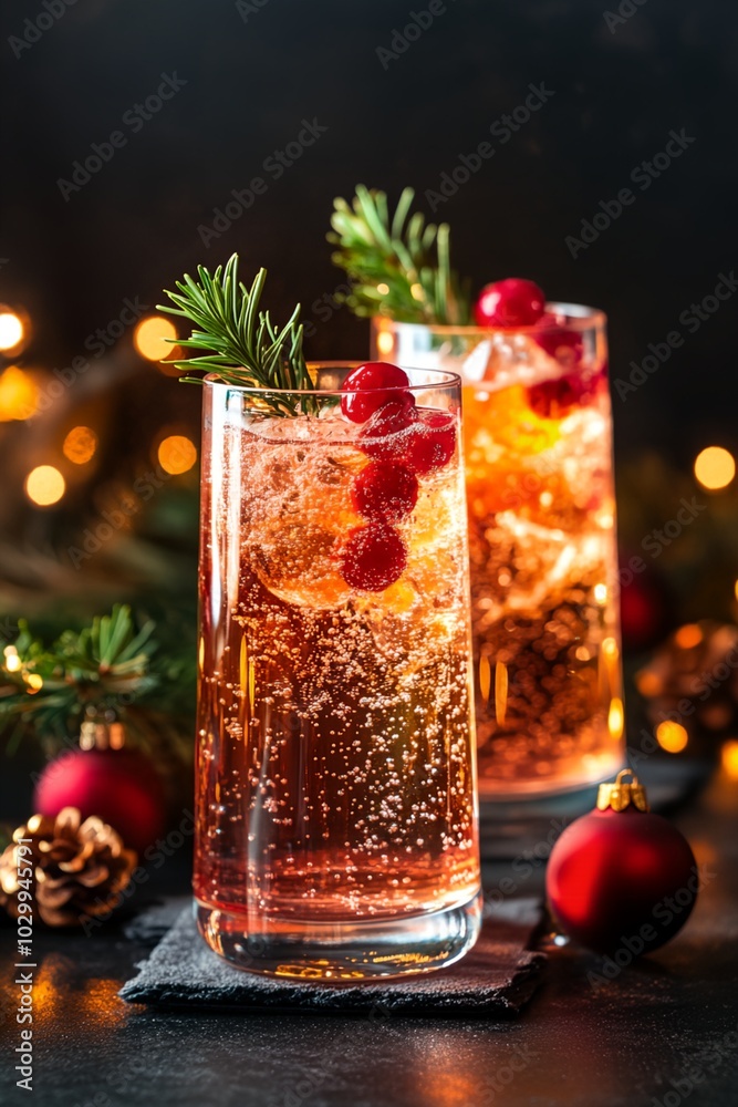 Two glasses of a pink drink with berries on top. The drink is served on a black table with a red ornament on it Two glasses of a pink drink with berries on top. The drink is served on a black table with a red ornament on it