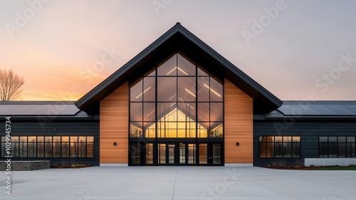 Sustainable mixeduse building with industrial elements, featuring large windows, solar panels, and ecofriendly materials photo